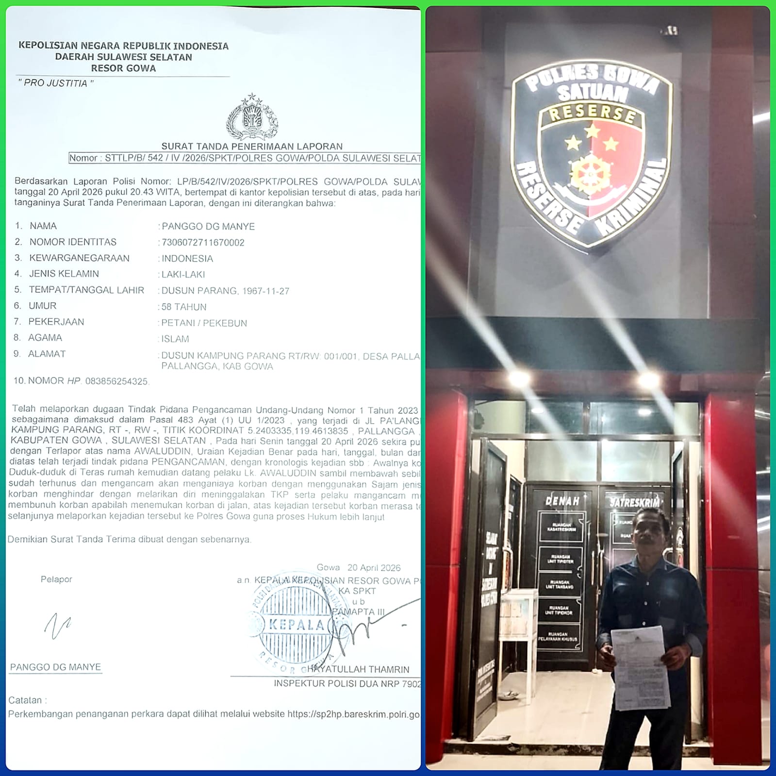 Polres Gowa Sigap Tangani Laporan Pengancaman, Keluarga Korban Apresiasi Pelayanan Humanis Kepolisian